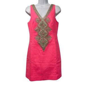 Lilly Pulitzer Junie Shift Dress Sz 4 Coral Reef Pink Gold Metallic Trim